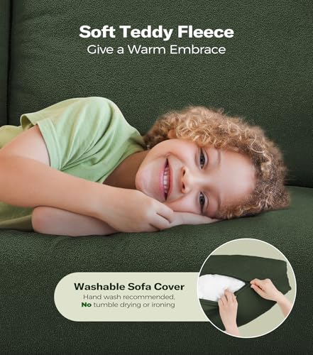 Image of Welzona 83 inch Couches for Living Room, Teddy Sofa Couch, Comfy Sofas for Living Room, Tool-Free Setup Loveseat Sofa, All-Wood Love Seat Couches, Small Couch 2 Pillows Included, Green