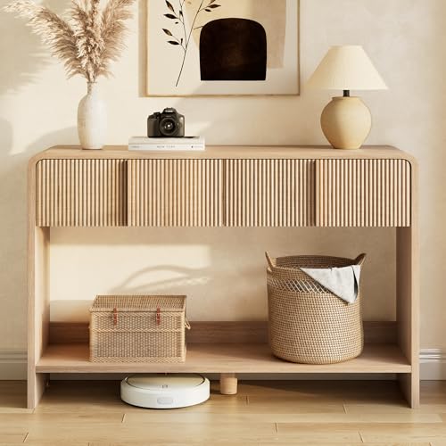 Image of AMERLIFE 45 inch Fluted Console Table with 2 Drawers and Open Shelf, Modern Entryway Table with Rounded Edges, Wood Sofa Table for Hallway, Foyer, Behind Couch, Living Room, Natural Oak