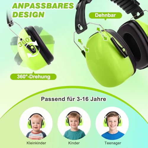 BraveKoi Gehörschutz Kinder SNR 32dB, Verstellbare Lärmschutz Kopfhörer Kinder, Ohrenschützer Faltbar mit Autismus, Schlafen, Lernen, Konzert(Grün/2 Stück)