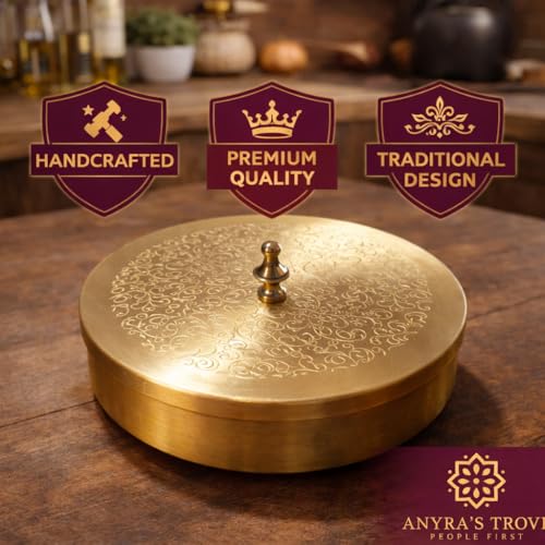 Image of ANYRA'S TROVE Pure Brass Spice Box Set with Spoon(7 Containers) Pital Masala Box For Kitchen|Spices Masala dabba|Masala Dani|Anjarai Petti|Namak Dani|Container|gifting for Home