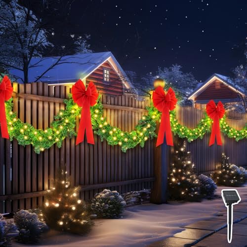 Knitgrip 2 Pcs 9ft Total 18ft Christmas Fence Decorations with Solar Light Christmas Outdoor Garland with 4 Pcs Large Red Bows Cable Ties for Holiday Patio Outdoor Fence Eaves