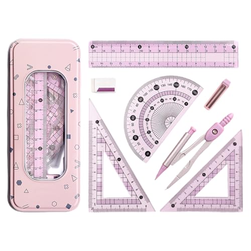 WOKATFI Compass Geometry Tool with Metal Box 7 Pcs Assorted Math Set with Eraser & Refills Protractor Ruler Kit for School Class Students (Pink)