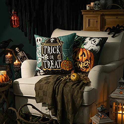 Phantoscope Pack Of 4 Happy Halloween Fall Decorative Horror Pumpkin Jack O Lantern Throw Pillow Case Cushion Cover 18 X 18 Inch 45 X 45 Cm #TOP4