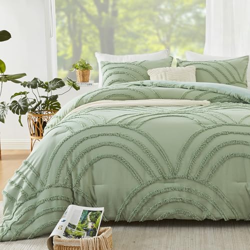 Image of ENJOHOS Sage Green Full Comforter Set for College Girls - Boho Tufted Rainbow Comforter Full Size, 3 Pc Rainbow Bedding for All Season, Lightweight Soft Microfiber Comforter with 2 Pillowcase