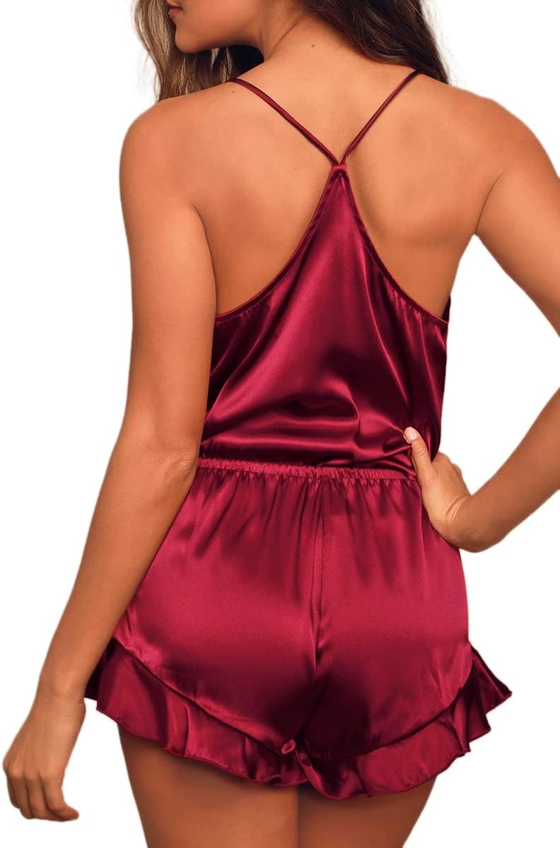 CHYRII Women's Sexy Silk Satin Ruffled Pajamas Sets Cami Shorts Sets Sleepwear - Image 2