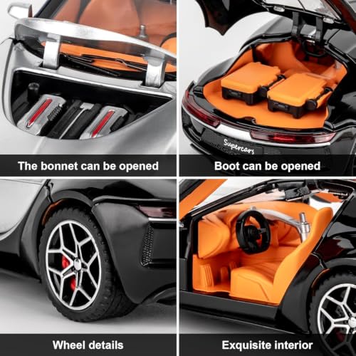 Image of 1:32 Scale Bugatti Atlantic Alloy Pickup Car Toy Metal Pull Back Diecast Car with Openable Door and Sound Light, Gifts Toys for Kids【Black /Silver】