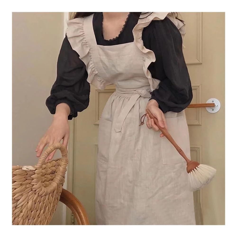 Casa Cotone Lino Pinafore Con Loto Foglia Di Loto Giapponese Coreano Balze Cucina Caffetteria Lavoro Falbala Grembiule Kawaii