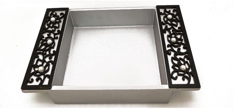 Funktionz Laser Cut Wooden Gift & Packaging Mithai and Dry Fruit Tray Set (Silver Tray & Black Laser Cut Embellishment)