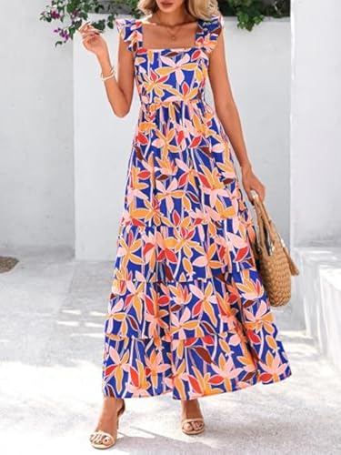 Image of 2025 Women's Summer Boho Floral Maxi Dress with Pockets - A-Line Smocked Tiered Ruffle Sleeveless Beach Sun Dress