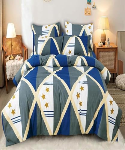 Image of Polycotton Single Bed Bedsheet, Flat Sheet with 1 Pillow Cover, Queen (60x90 inch), 300 TC, Blue & Cream, Set of 2