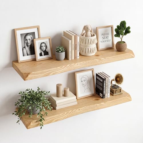 Image of 32 Inch Floating Shelves for Wall Decor, 88lbs Solid Spruce Wood Live Edge Floating Shelves, 8 inch Deep Rustic Wall Shelf for Bathroom Kitchen Bedroom Living Room, Invisible Bracket, Natural(Set of 2)