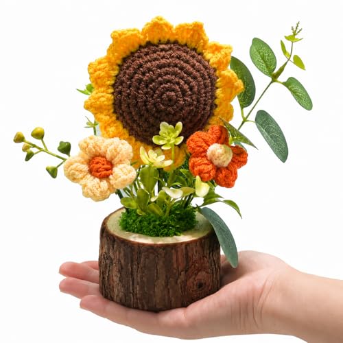 Tileafry Handmade Crochet Knitted Sunflower Bouquet Creative Knitted Potted Plant Mini Cute Home Desktop Decorations and Gifts for Friends Lovers Classmate Mothers Day