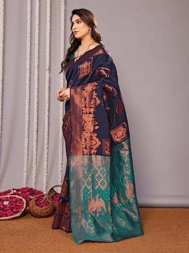 Image of Women's Printed Pattern Kanjivaram Soft Silk Saree with Unstitched Blouse Piece and Jacquard Weave Type