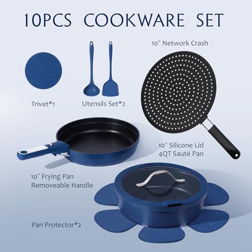 Image of CAROTE 10-Piece Pots and Pans Set, Nonstick Cookware Set Detachable Handle, Frying Pan with Splatter Screen, Oven Safe, Induction Ready, Stackable, Blue