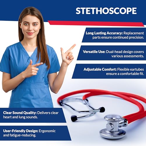 Image of Blood Pressure Monitor and Sprague Stethoscope Kit - 2-Pack, Adult Aneroid Sphygmomanometer with Dual-Head Stethoscope, Adjustable BP Cuff, Carrying Case & Accessories - Red
