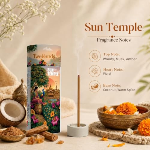 Image of Twohands Premium Bambooless Dhoop Sticks Combo Pack with Santorini, Ronin & Sun Temple fragrances. Charcoal-Free, Low-Smoke Sticks with Ceramic Stand for Pooja, Meditation, and Home Aroma