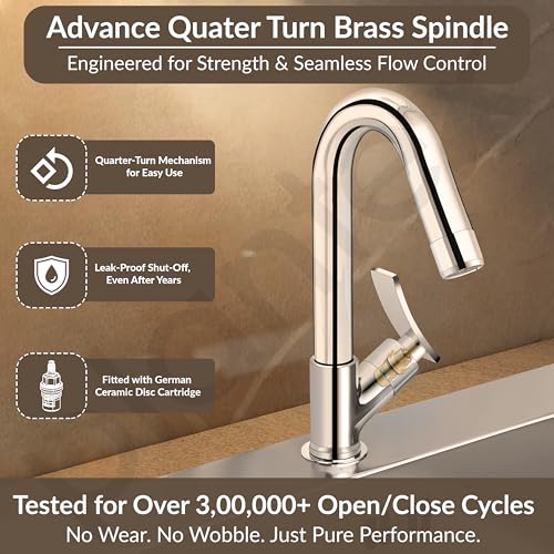 Image of Plantex Solid Brass High Neck Pillar Cock Water Tap with Teflon Tape /360 Degree Swivel Spout /Single Lever Tabletop Basin Sink Cock (Star, Chrome)