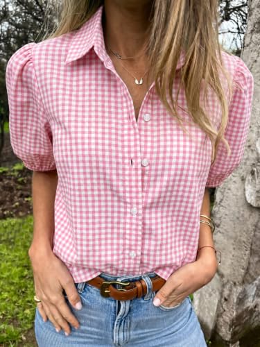 Image of Tankaneo Women's Button Down Shirts Short Puff Sleeve Collared Dressy Casual Blouse Tops