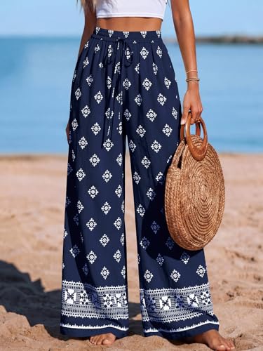 Image of PRETTYGARDEN Womens Pants Elastic Waist Floral Lightweight Palazzo Pants for Women Casual Lounge Wide Leg Pants Woman