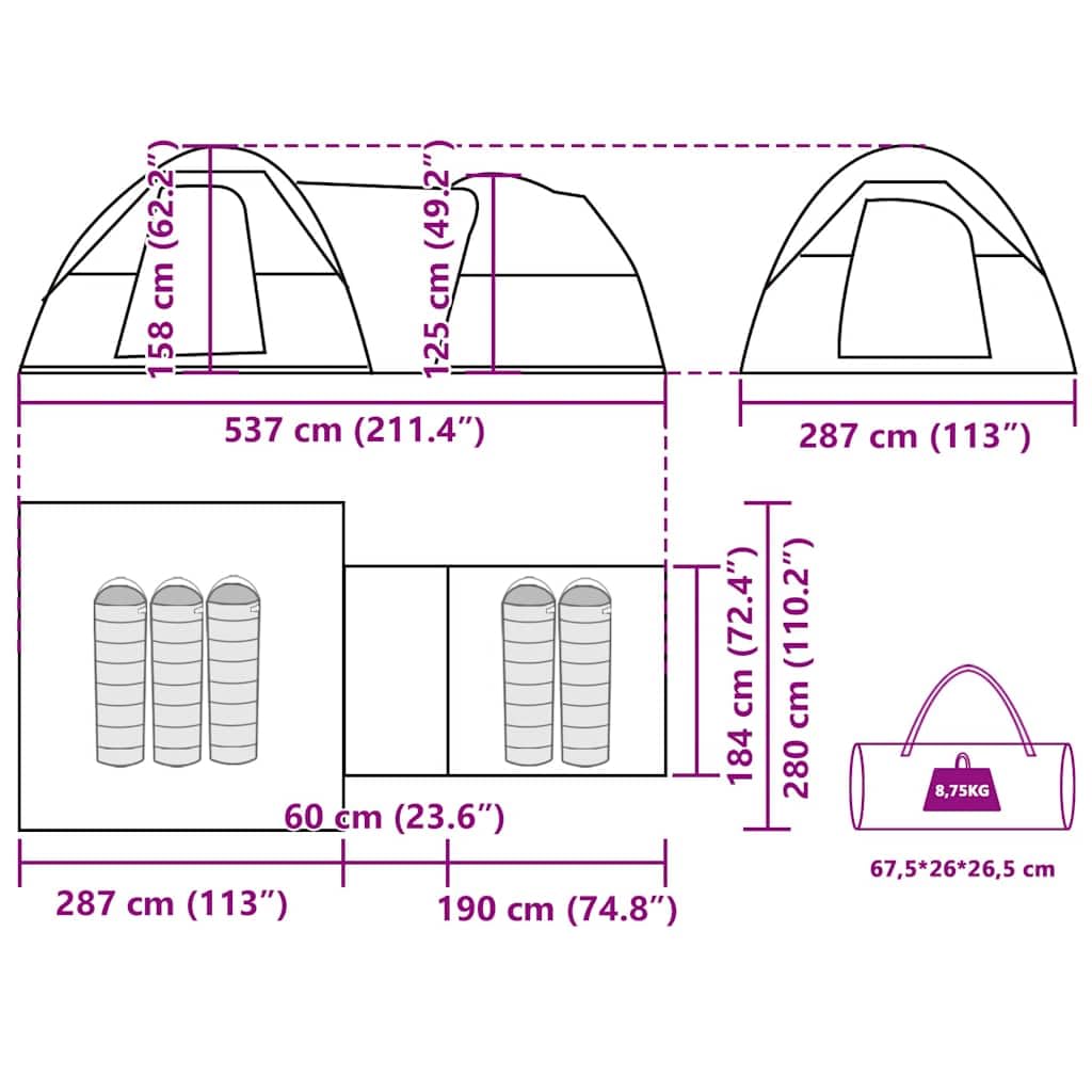 Campingzelt Personen Grün wasserdicht mit E-Anschluss, abnehmbarem Überzelt, Eingängen, Schlafkabinen, leichtes Polyester, Wind- und regendicht für Outdoor Wandern Festival