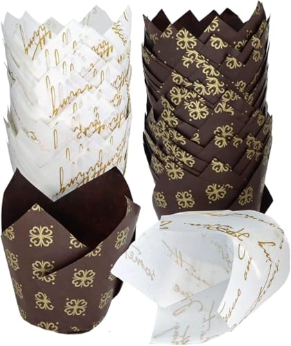 KASTWAVE 100PCS Tulip Muffin Cases Standard Size Cupcake Liners - Baking Cups for Weddings Birthdays & Parties Premium Paper Cupcake Wrappers Tulip-Shaped Baking Supplies (Brown & White)