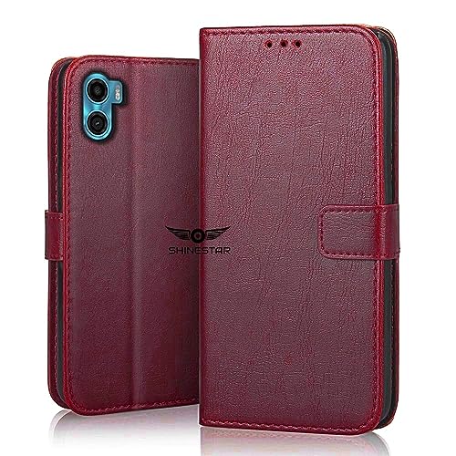 Image of SHINESTAR Motorola Moto E32 Flip Back Cover | PU Leather Flip Cover Wallet Case with TPU Silicone Case Back Cover for Motorola E32 - Blood Red