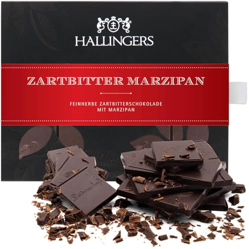 Hallingers Marzipan - Vegane Schokolade Zartbitter-Edelkakao mit Mandel-Marzipan - handgemacht, alkoholfrei (Box) - Geschenkideen Weihnachten & Geschenke Adventskalender | Geburtstag Glückwunsch Jahre