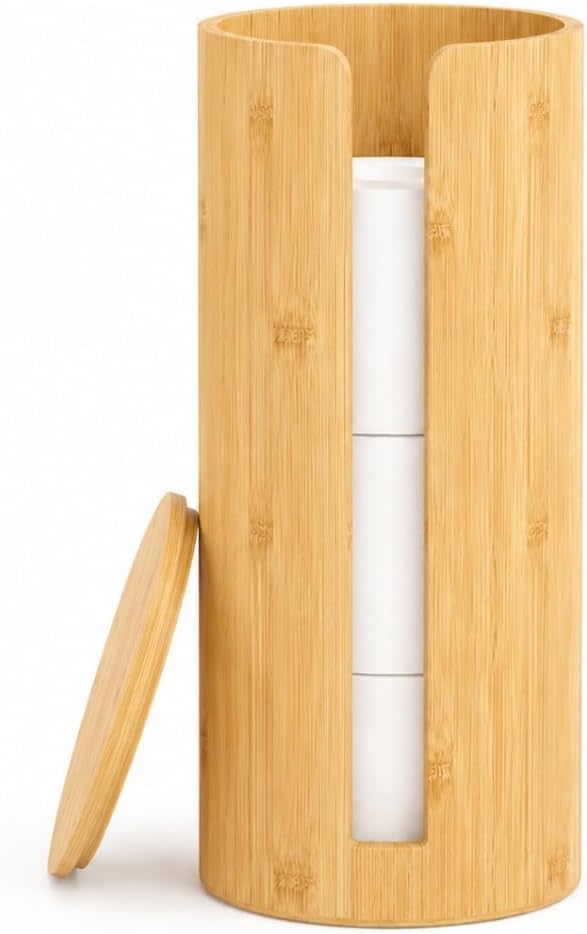 Woodluv Toilet Roll Holder, Free-Standing Toilet Paper Storage Holder Stand, Round Toilet Paper Loo Roll Holder Stand for Bathroom & Toilets, Wooden
