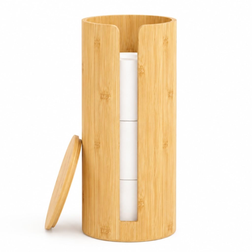 Woodluv Round - Natural Toilet Roll Holder, Free-Standing Toilet Paper Storage Holder Stand, Round Toilet Paper Loo Roll Holder Stand For Bathroom & Toilets, Wooden