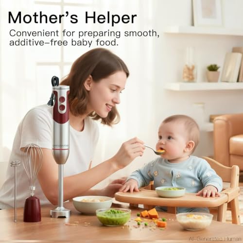 Image of MEGAWISE Immersion Hand Blender 3-in-1, 12-Speed Stick Blender with Turbo, Egg Whisk & Milk Frother for Soups, Sauces, Smoothies and Baby Food, Red