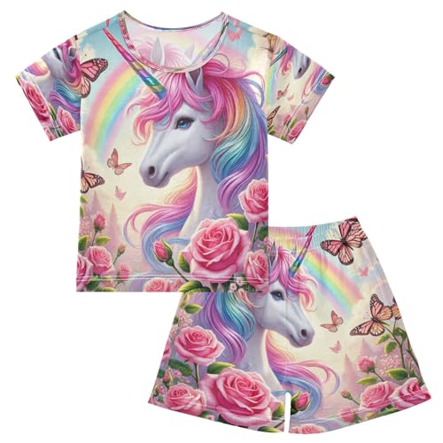 Unicorns Butterfly Pinkish Pajama Set Short Sleeve Pajamas Shorts Sets Cotton PJS 2 Piece Clothes Set 5Y