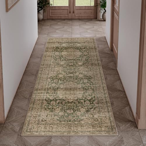 2x5 Washable Green Vintage Runner Rug for Kitchen Hallway Non-Slip Low Pile Soft Thin Carpet Traditional Retro Distressed Accent Throw Rug for Entryway Bathroom Indoor Bedroom