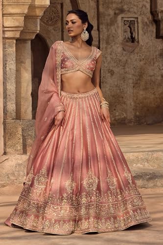 Image of JIHU CULTURE Women's Semi-Stitched Pink Fancy Silk Zari & Sequin Embroidered Lehenga Choli with Net Dupatta