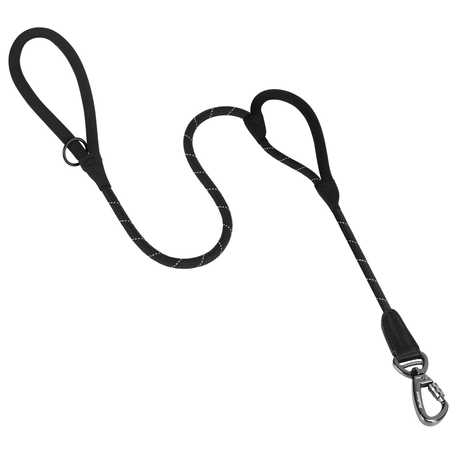 PetBonus Laisse Chien Double Poignée, 1,5m Dressage Robuste avec Mousqueton Verrouillable et 2 Poignées Rembourrées, Réfléchissante pour Chiens Moyens et Grands (Noir)