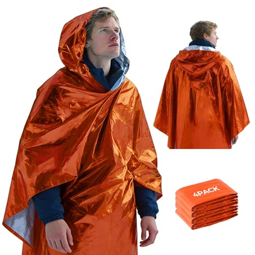 Image of 4 Pack Emergency Mylar Blanket Poncho | Waterproof Rain Ponchos | Reusable Packable Poncho | Survival Blanket Poncho for Outdoor Camping & Hiking, Rescue, Car Emergency Kit, Shelter /Tent Cover
