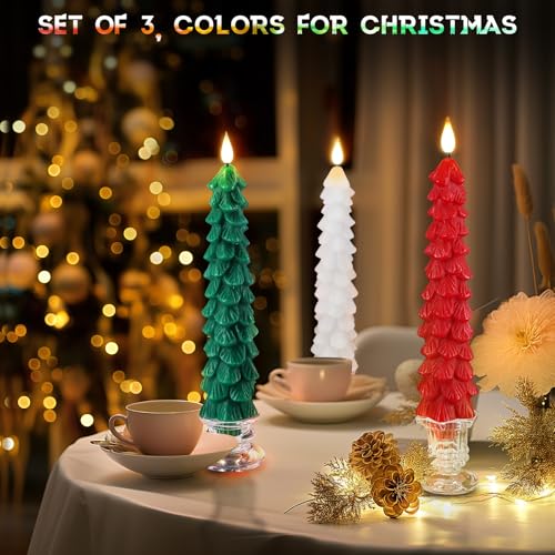 Image of PChero Christmas Tree Candles with Remote Timer, 3 Pack, 9.7 Inches | Real Wax, Flameless, Battery Operated, Window Candles, Taper Candle Sticks, for Xmas Fireplace Holiday Party Home Room Decor