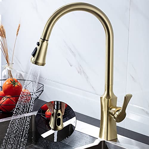バーファームハウス商業用キッチンシンクタップ、つや消しゴールドキッチン引き出しミキサータップ、360度回転ストリームスプレーノズル、キッチンシンクホットコールド(Brush Gold)