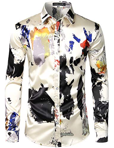 PARKLEES Chemise boutonnée en satin pour homme - Style décontracté et luxueux - Pour fête, mariage, Cl12-beige, XL Cover