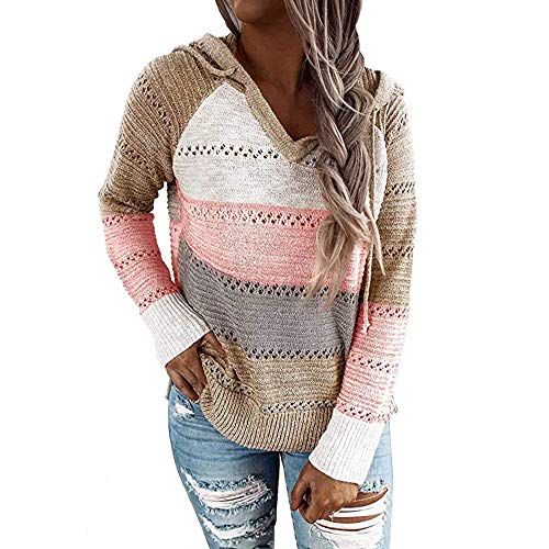 ZWRXW Women's Hooded Crochet Sweaters Color Block Striped Lightweight Sweatshirts Trendy Drawstring V Neck Pullover Tops