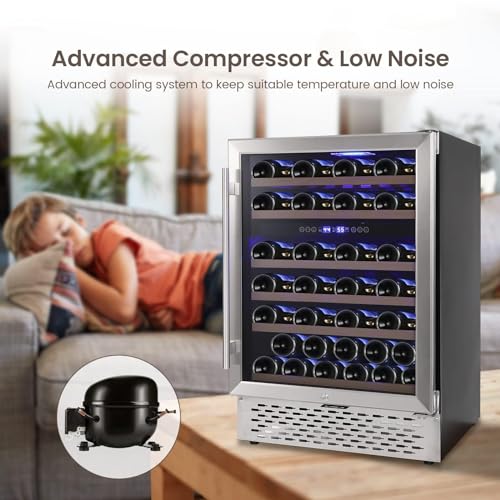 Garvee Superior Wine Refrigerator - 51 Bottle Capacity Dual Zone Cooler, Dual Zone 24" Wine Cooler,Quiet Compressor, Seamless Stainless Steel Design, Temperature Memory.
