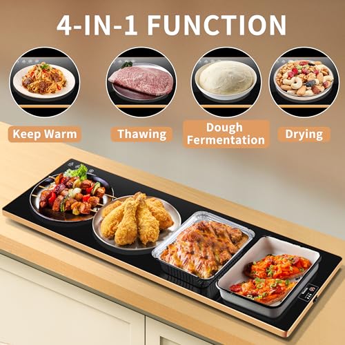 Electric Warming Tray（Extra Long 40”x12”），Food Warmer with Thermostat and Full Surface Heating，Food Warming Mat with 2 Temperature Modes for Parties Buffet，Gatherings，Gold Edge