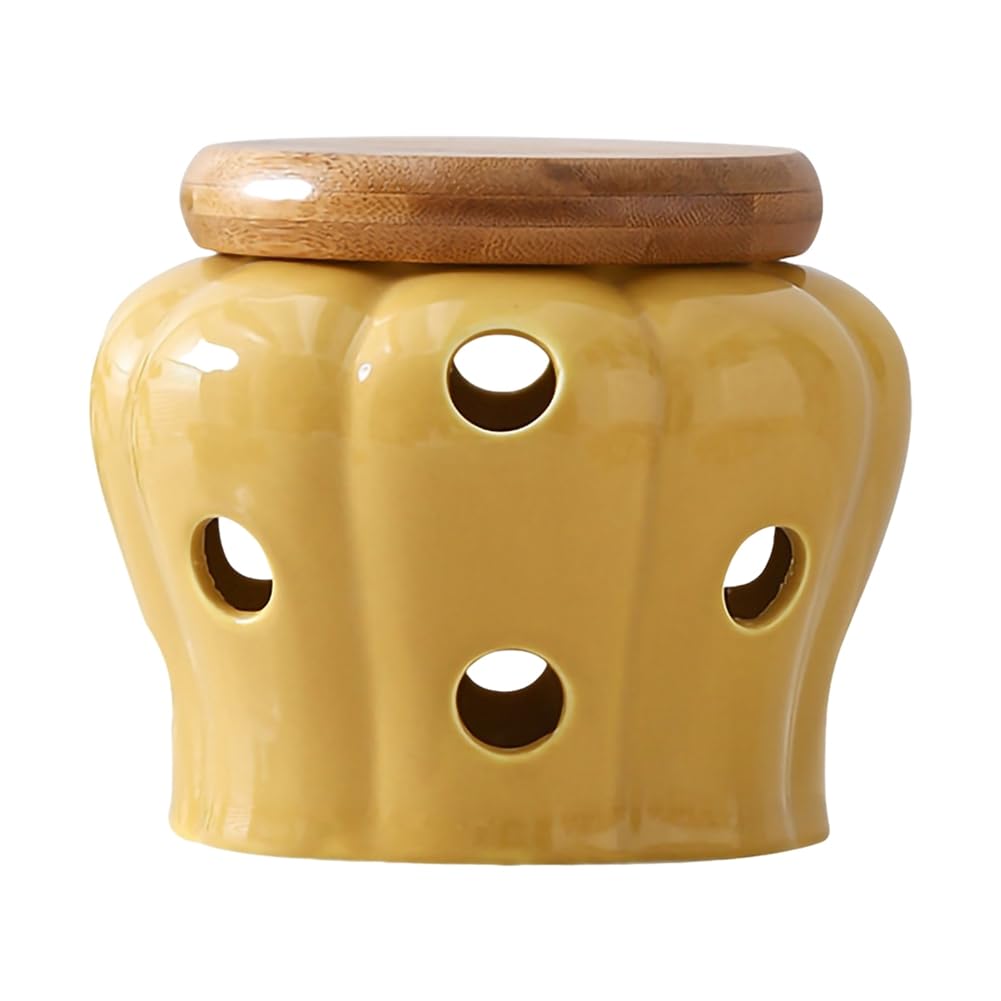 Rersduyt Yellow Ceramic Garlic Storage Jar With Lid Hollow Openwork Garlic Head Ginger Chili Pepper Storage Jars Candle Lampshade