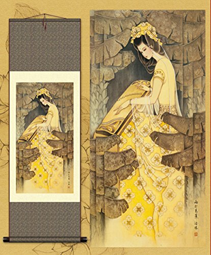 Sunmir (TM) Silk scroll painting Asian beauty plantain Watercolour Decorative paintings Lady playing Guzheng