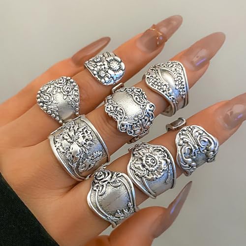 PINK TOWN Vintage Knuckle Rings Set for Women Bohemian Retro Hollow Carved Flower Rings Boho Stackable Chunky Rings Set Y2k Ring Statement Rings Vintage Bohemian Style Jewelry for Women2