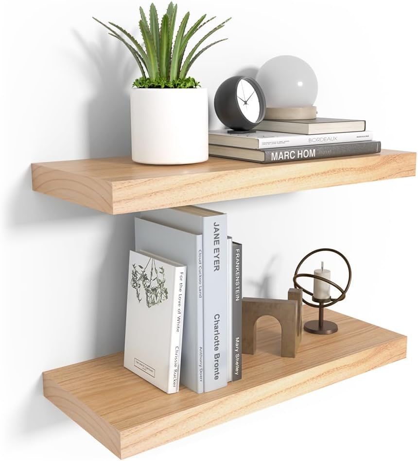 Floating Shelves for Wall, Natural Wood Shelf Decor for Bathroom Kitchen Bedroom, Hanging Mounted Invisible Bracket, Small 17 inch, Rustic Burlywood Burlywood 17"×6.7"×1.6"