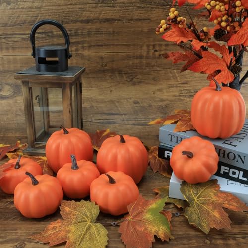 Image of Ghrdopy Fake Pumpkins, 8 Pcs Orange Artificial Pumpkins, Plastic Pumpkins for Thanksgiving Party Table Centerpiece Autumn Home Decoration-A