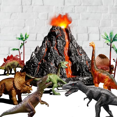 TOYSXYIN Large Volcano Set with 9 Realistic Dinosaur Action Figures for Kids 2 3 4 5 6 8 10 Years, Simulated Volcanic Eruptions w/Sounds, Volcano Can Store Dinos, Gift for Toddlers Boys & Girls..