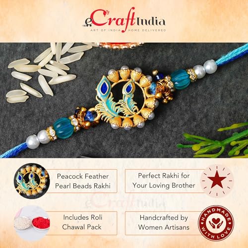 Image of eCraftIndia Peacock Feather Pearl Beads Designer Rakhi for Brother with Gift Combo Set | Raksha Bandhan Rakhi for Bhai Bhaiya Kids Boy | Best Bro Ever Fridge Magnet | Roli Chawal Pack