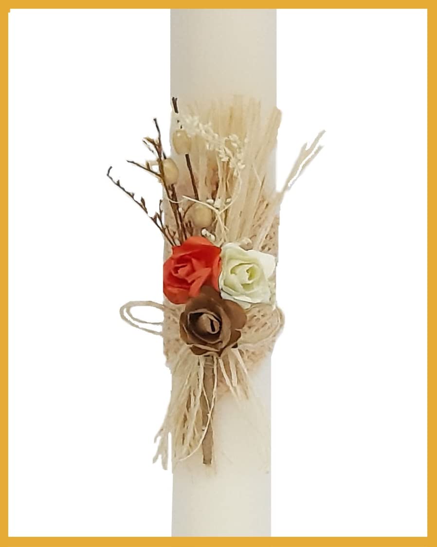Vela para Bautizo de Cera Blanca, Pick Floral Rústico, Personalizada | Decorada con Pick Floral Rústico lazo de cordón y cintade arpillera