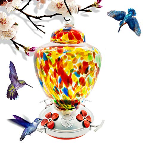 REZIPO Hummingbird Feeder with Perch - Hand Blown Glass - Colored - 38 Fluid Ounces Hummingbird Nectar Capacity Include Hanging Wires and Moat Hook